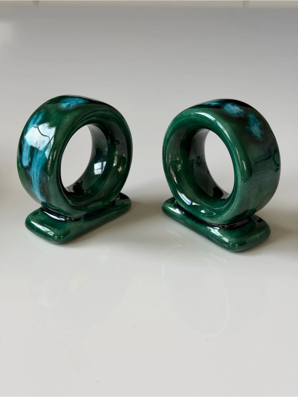 Vintage Drip Glaze Ceramic Napkin Rings - Set Of 6 Emerald & Turquoise